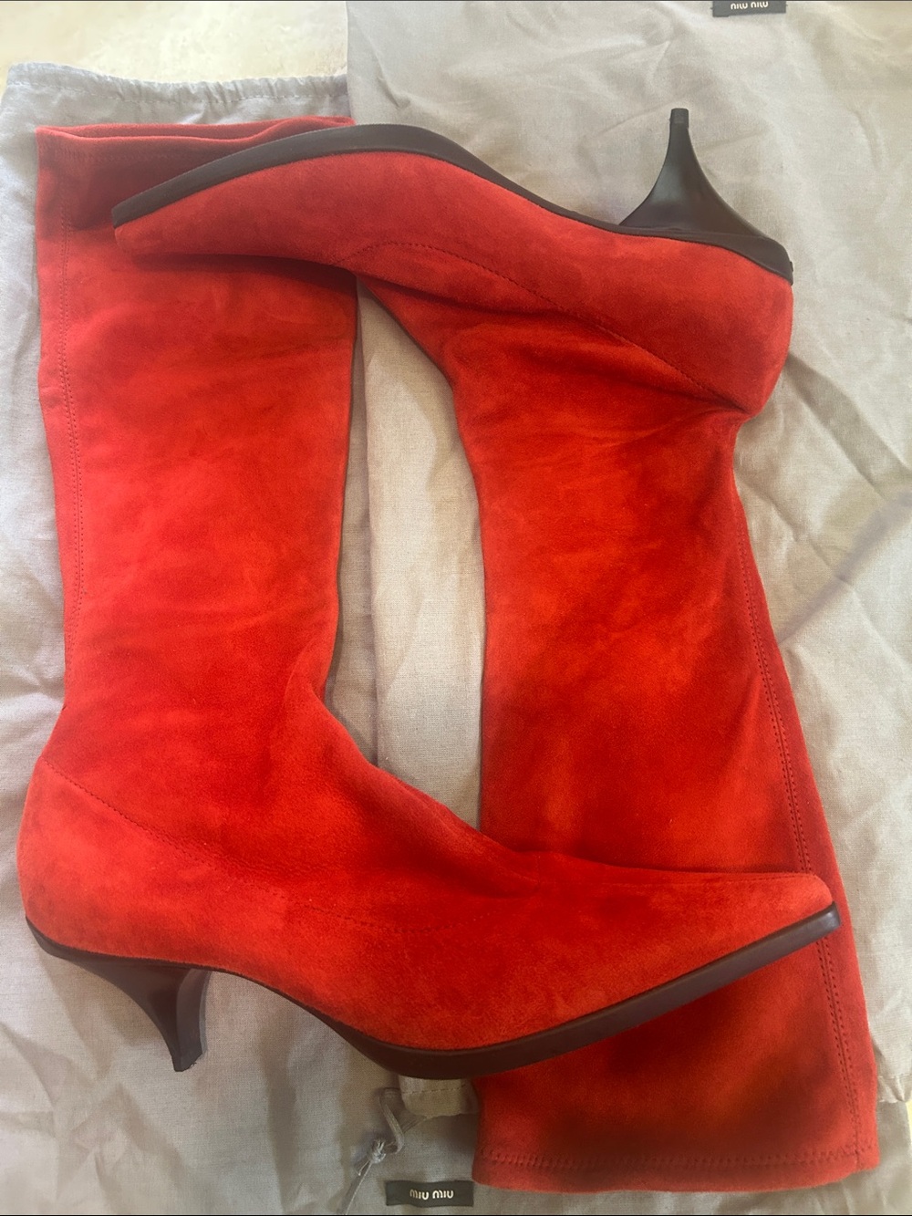 Miu Miu Vibrant Red Suede Mid-Knee Kitten Heel Boots